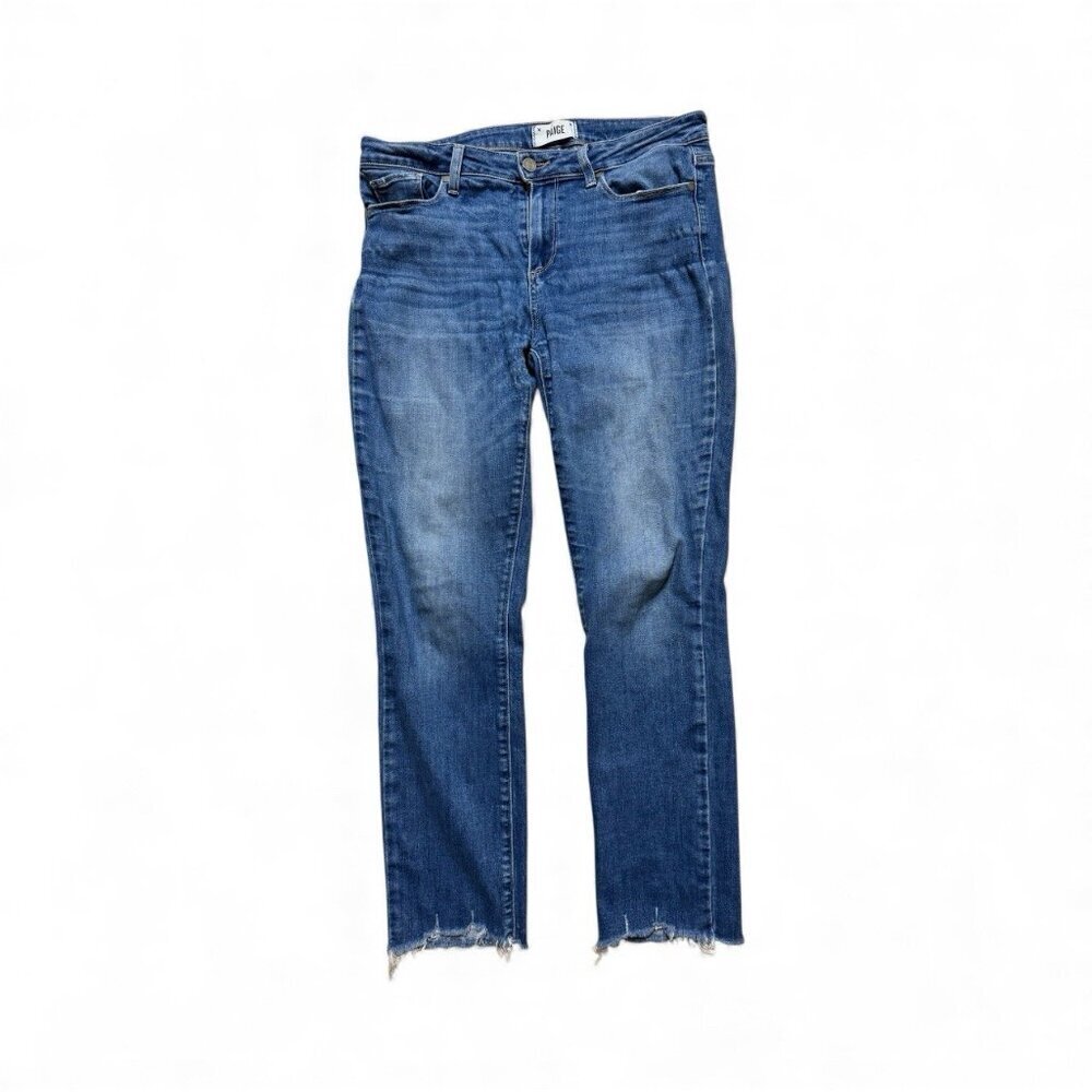 PAIGE Skyline Ankle Peg Jeans Women’s Size 31 Medium Wash Raw Hem Stretch